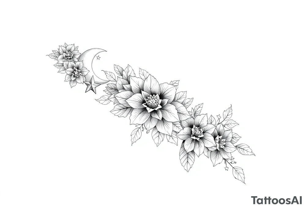 Flower sleeve surrounded by moon and star design for arm tattoo idea
