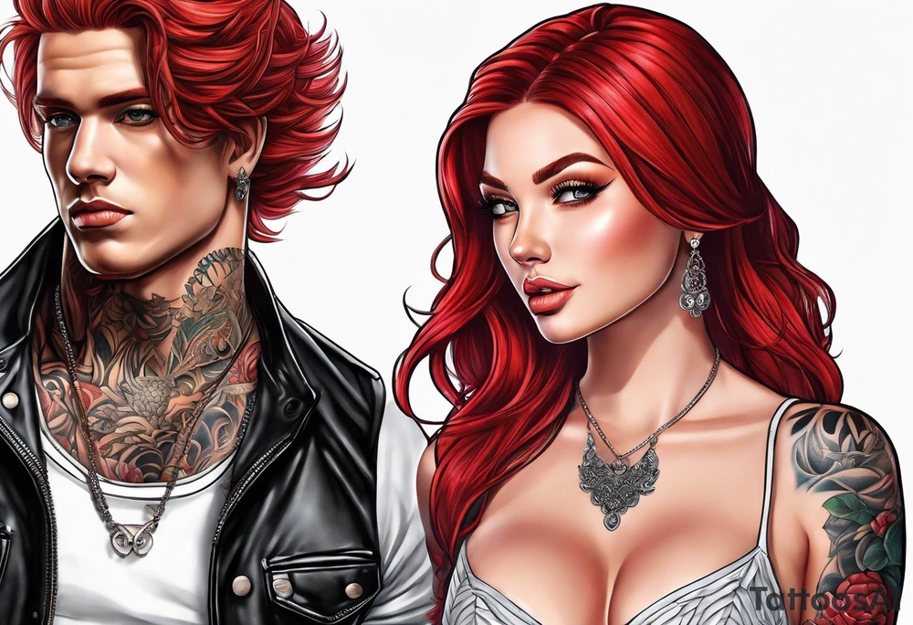 Busty red haired woman with a man who has black hair tattoo idea