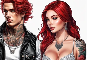 Busty red haired woman with a man who has black hair tattoo idea