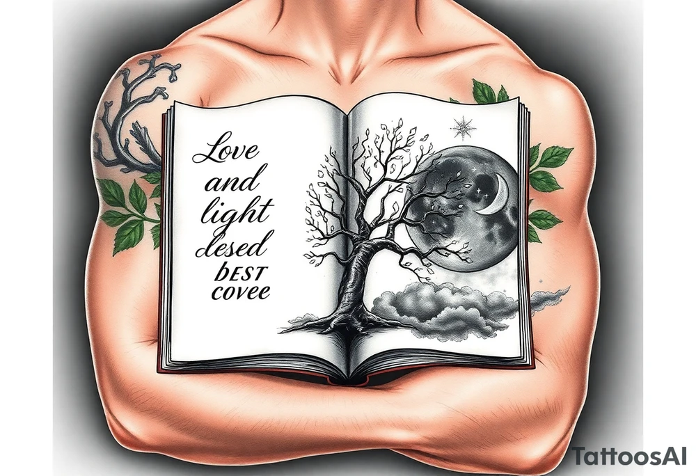 I want an open book and scripted on the left side of the pages and love and light blessed be on the right side of the pages the name tichica with the tree of life growing through the pages music notes dancing around it a crescent moon on the right side with a starry night background and dark clouds tattoo idea