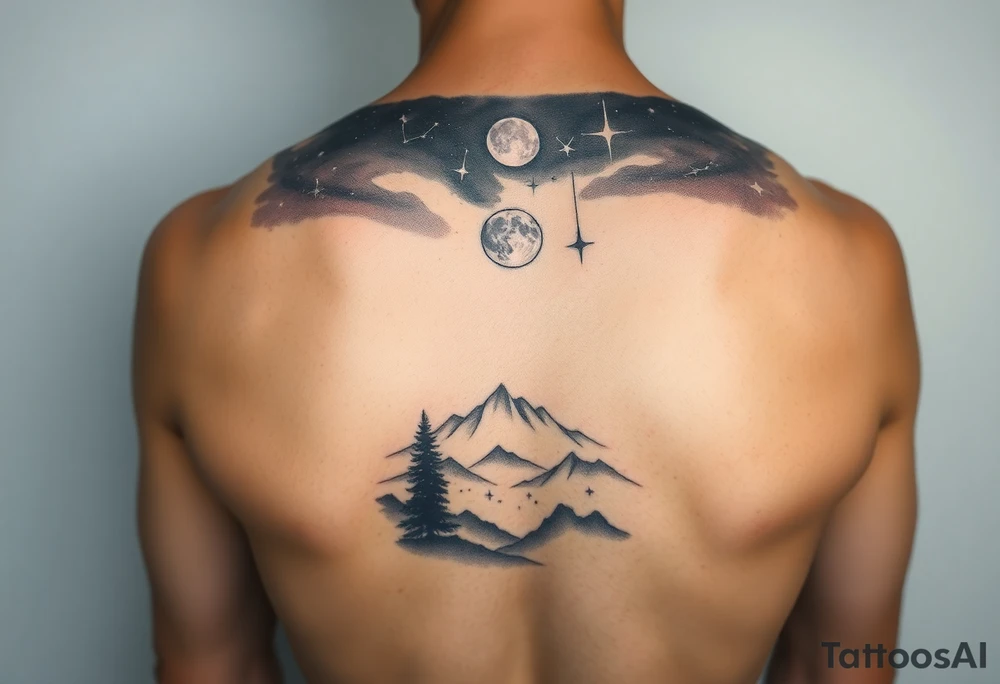 Night sky with a constellations, stars and moon seen through a frame of natural landscape tattoo idea