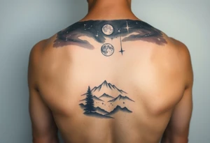 Night sky with a constellations, stars and moon seen through a frame of natural landscape tattoo idea