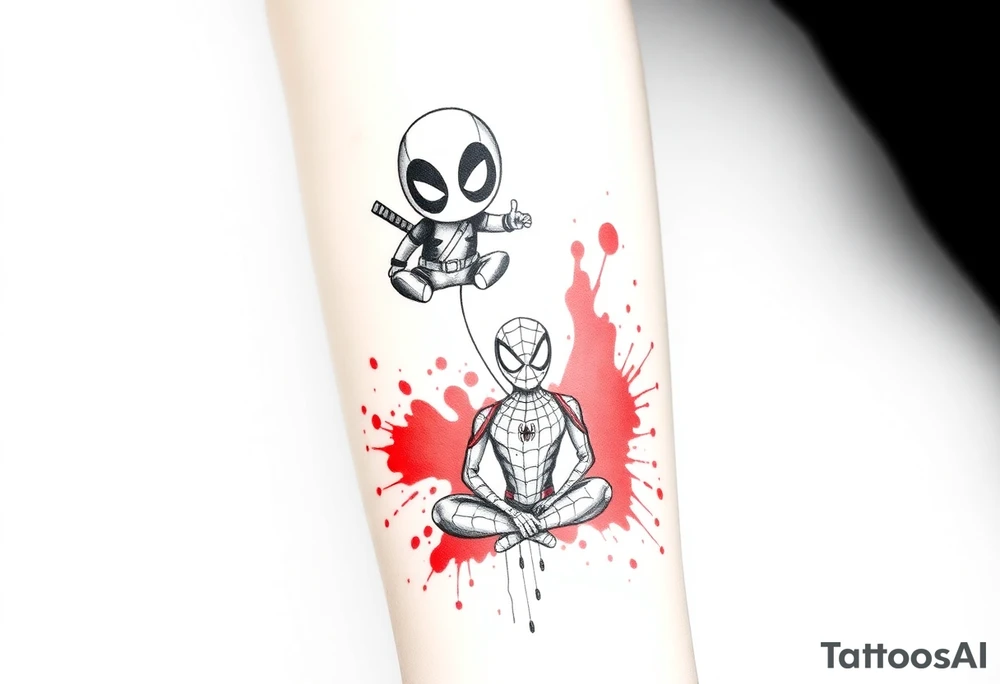 A vertical stacked tattoo design for a half-sleeve on a white background. At the top is a chibi Deadpool character in a bold ink sketch style. At the bottom is a chibi Spider-Man character sitting cross-legged in a loose pencil sketchbook style. High contrast black and grey shading. The two characters are connected by loose, energetic sketch lines and a thin spiderweb thread hanging between them. Dramatic, stylized splashes of bright, vibrant watercolor red ink splatter bursting out around both characters' suits, bleeding into the negative space. Tattoo flash sheet style, crisp linework. tattoo idea