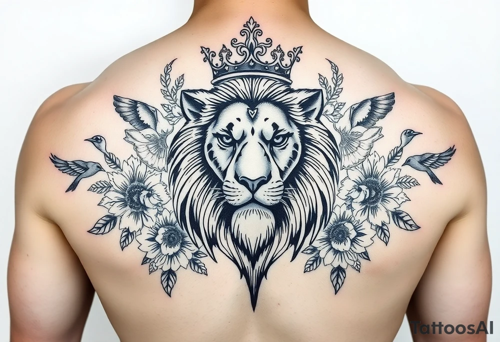 powerful majestic lion with a crown, surrounded by floral ornaments and birds tattoo idea