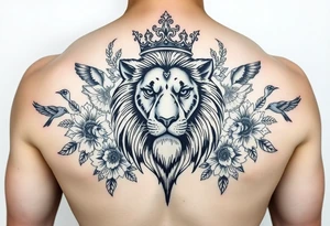 powerful majestic lion with a crown, surrounded by floral ornaments and birds tattoo idea
