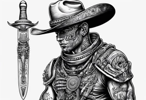spaceman with a cowboy hat holding a aztec sword tattoo idea