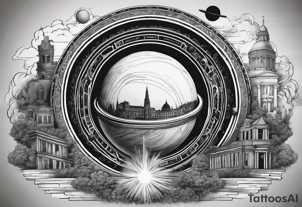 a black hole centered, with historical buildings surrounding it in chronological order, with schrodinger's cat depicted as sisyphus pushing a boulder tattoo idea