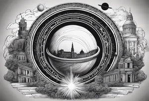 a black hole centered, with historical buildings surrounding it in chronological order, with schrodinger's cat depicted as sisyphus pushing a boulder tattoo idea