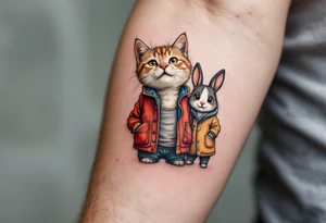 A playful cat, a loyal dog, and a tiny bunny dressed on casual human clothes tattoo idea