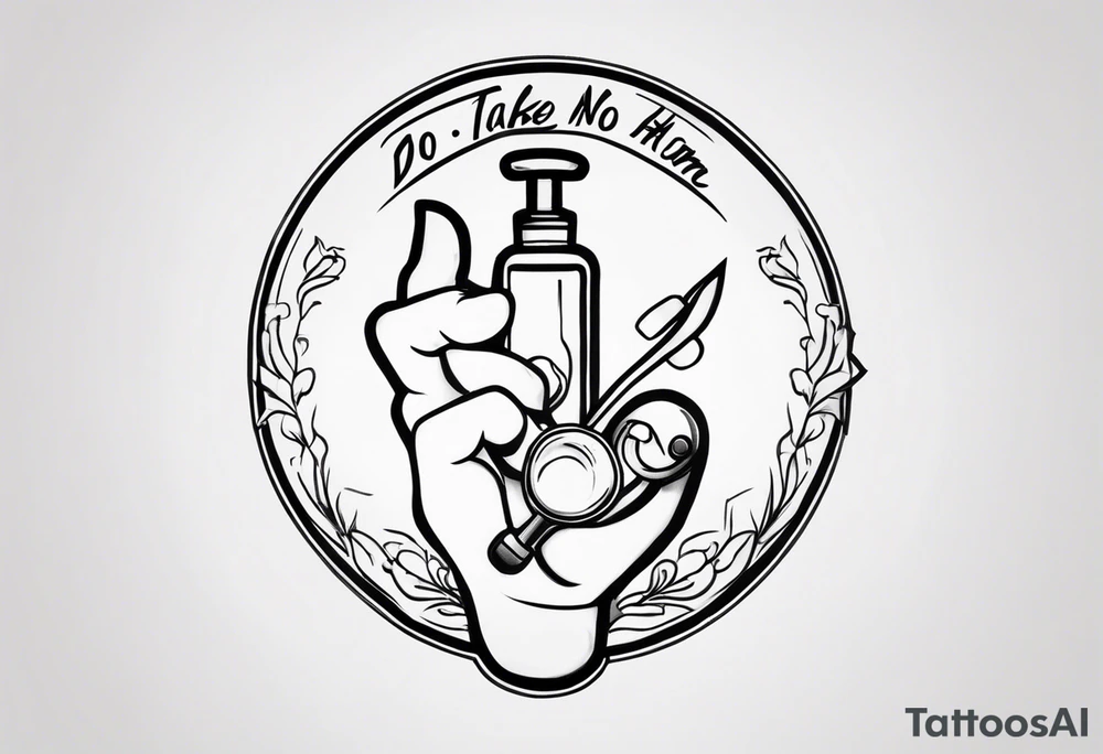 “Do no harm but take no shit” in calligraphy with middle finger and stethoscope for nurse tattoo idea