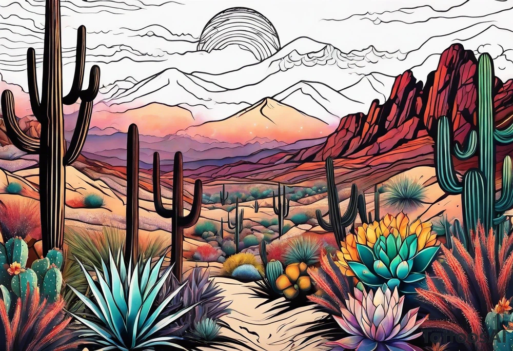 Galaxy sky with Arizona landscape with cactus tattoo idea
