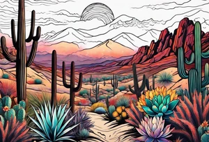 Galaxy sky with Arizona landscape with cactus tattoo idea