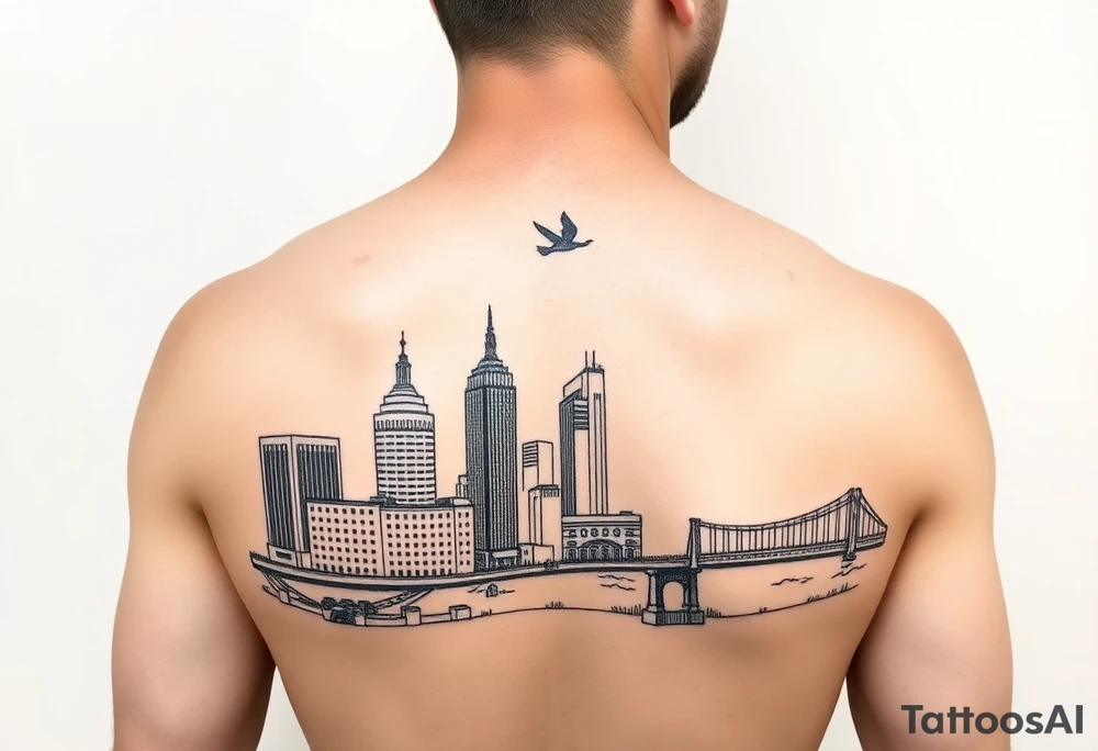 linework tattoo for the pittsburgh full marathon that i can get vertically. include the buildings in pittsburgh and one of the pittsburgh bridges tattoo idea