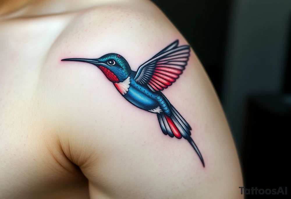 A hummingbird leaving a trail of glowing hieroglyphs as it flies(only red , blue and black are possible colors) tattoo idea