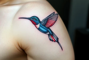 A hummingbird leaving a trail of glowing hieroglyphs as it flies(only red , blue and black are possible colors) tattoo idea