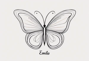 A minimalist butterfly tattoo that incorporates the name Emilia in cursive line art tattoo idea