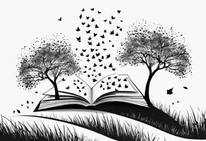 3 trees on a grassy hill with leaves blowing away in the breeze. The leaves transform into tiny pages torn out of a book. tattoo idea