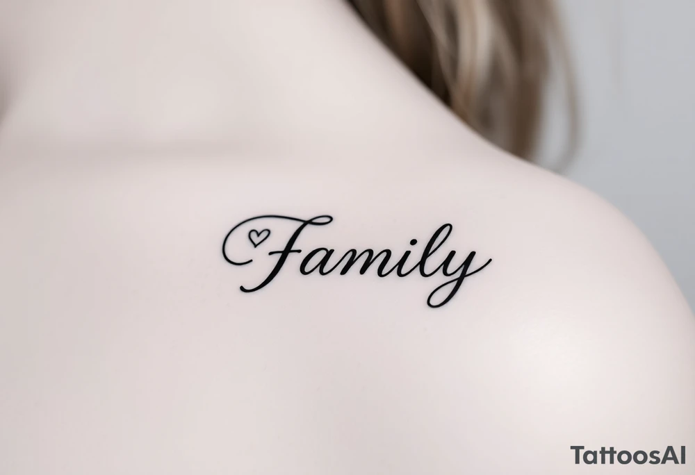A flowing infinity symbol intertwined with the word "family" written in elegant cursive tattoo idea