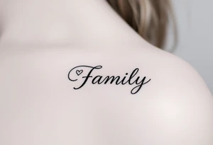 A flowing infinity symbol intertwined with the word "family" written in elegant cursive tattoo idea