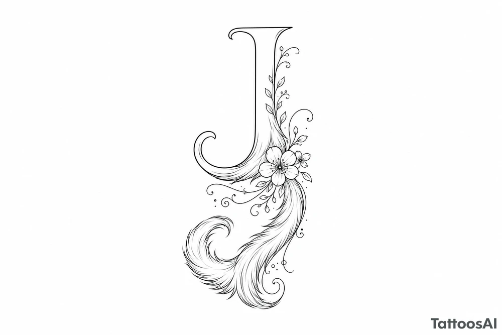 Single line drawing of a J transforming into a cat's tail with floral accents. tattoo idea