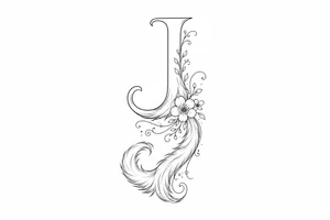 Single line drawing of a J transforming into a cat's tail with floral accents. tattoo idea