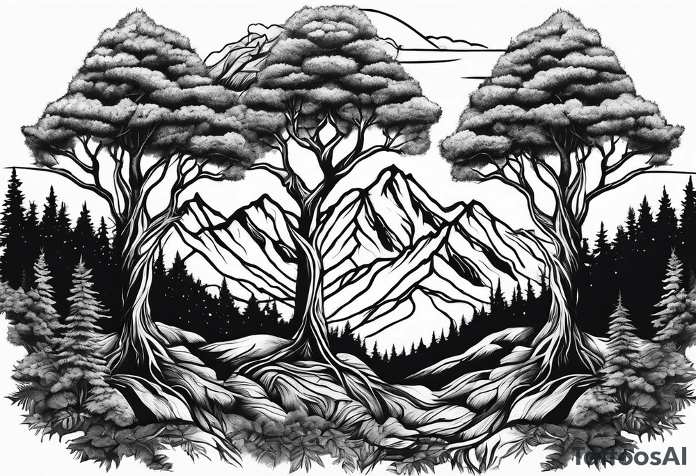 Three mountains three trees with roots tattoo idea