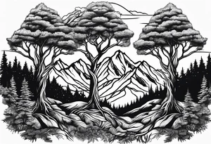 Three mountains three trees with roots tattoo idea