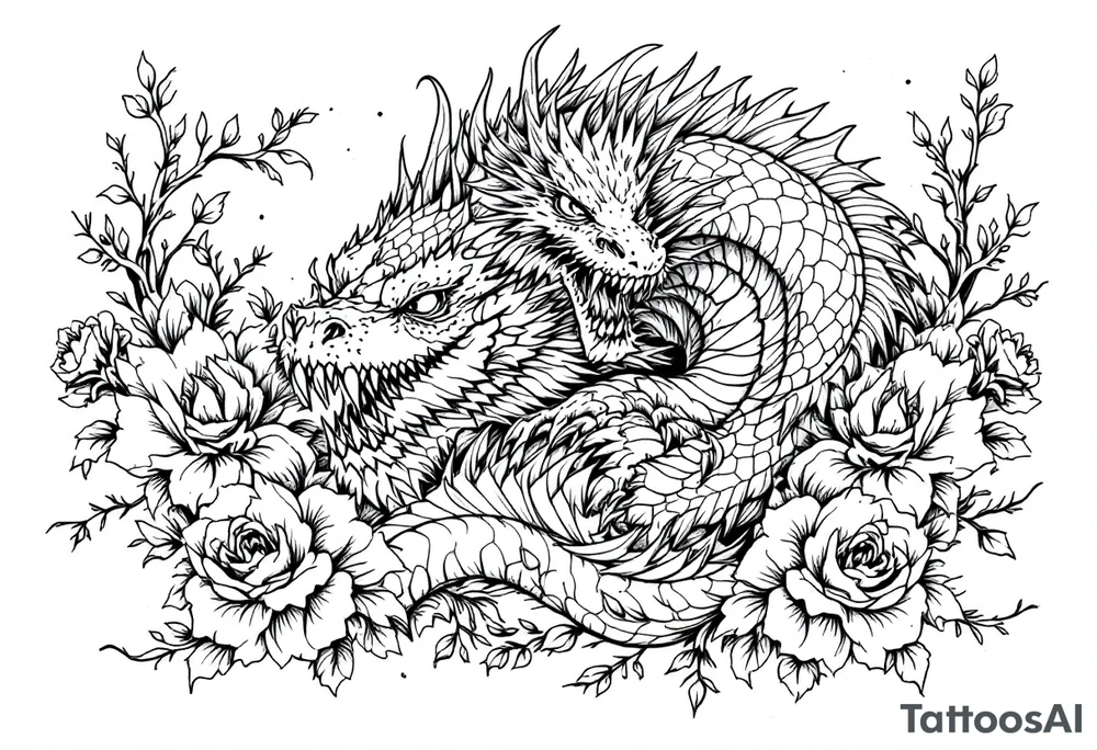 powerful majestic reptile, surrounded by floral ornaments tattoo idea