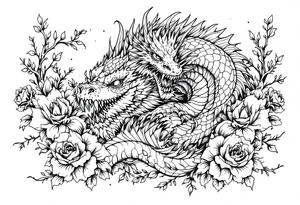 powerful majestic reptile, surrounded by floral ornaments tattoo idea