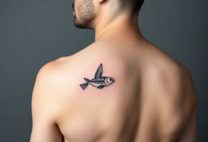 small bird and fish tattoo, for chest, man. not many details. a lot of black color tattoo idea