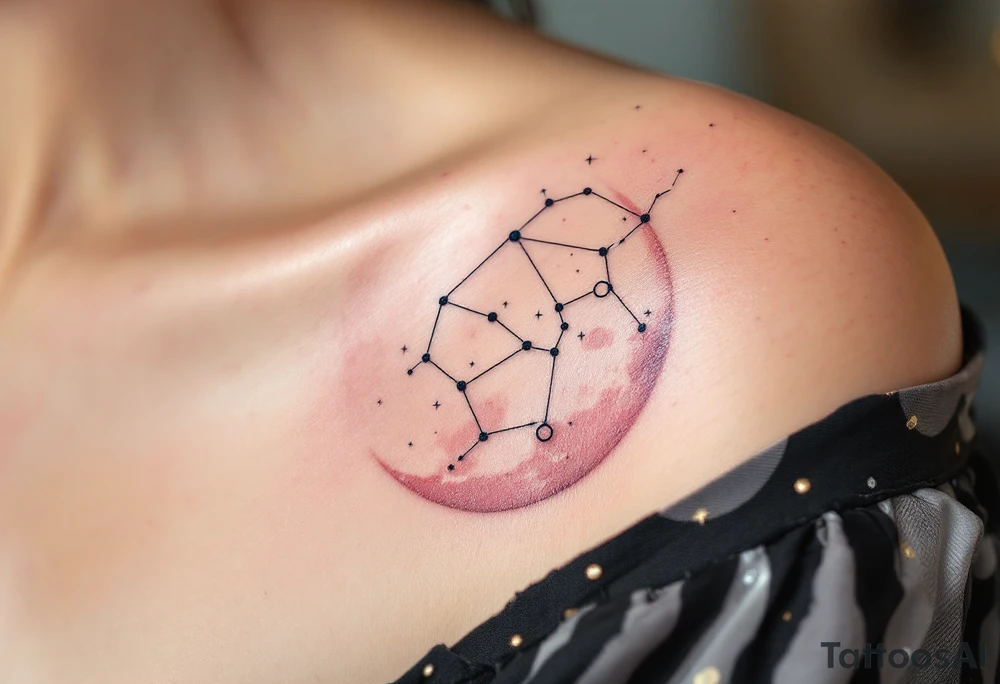 A fine-line Pisces constellation is overlaid on a soft pink moon, capturing the emotional depth of the zodiac. tattoo idea