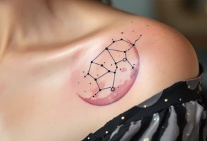 A fine-line Pisces constellation is overlaid on a soft pink moon, capturing the emotional depth of the zodiac. tattoo idea