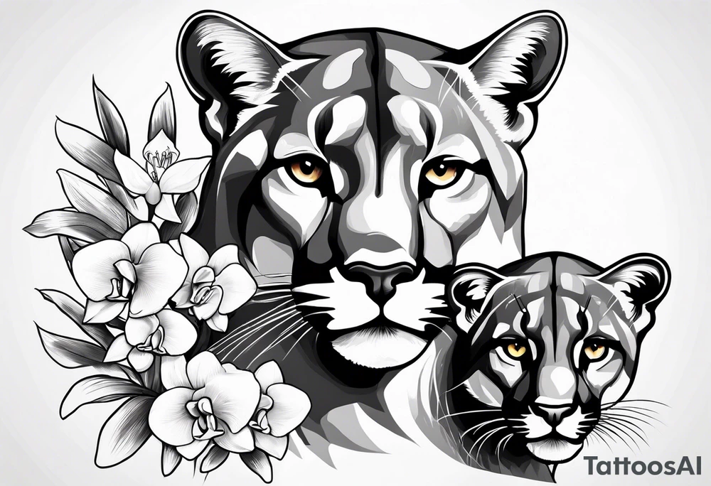 Mother mountain lion with 2 cubs orchids tattoo idea