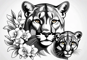 Mother mountain lion with 2 cubs orchids tattoo idea