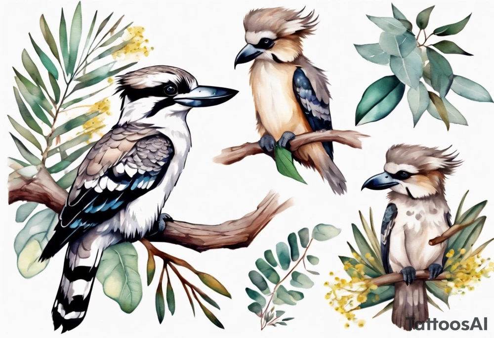 A kookaburra sitting on tree with a koala below surrounded by wattle and eucalyptus leaves tattoo idea