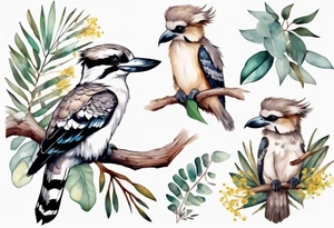 A kookaburra sitting on tree with a koala below surrounded by wattle and eucalyptus leaves tattoo idea