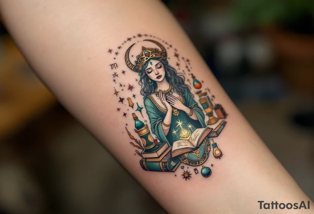 A Virgo figure as an alchemist, surrounded by books, vials, and magical symbols, embodying intelligence and perfectionism. The design is rich in emerald green, warm copper, and antique gold, highlighting Virgo’s analytical and detail-oriented nature. tattoo idea