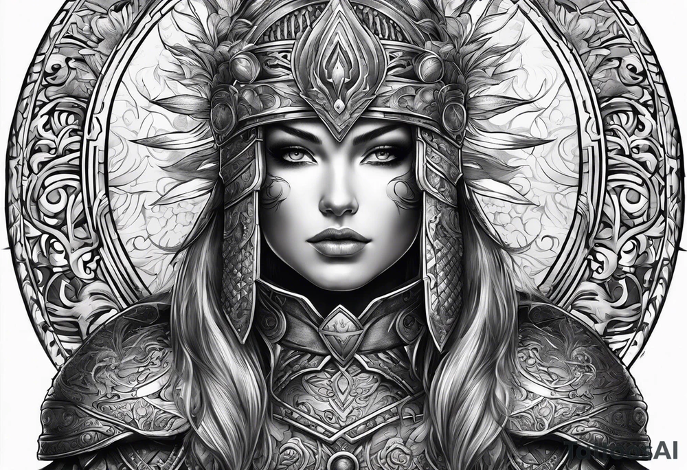 armour with a sun with hair tattoo idea