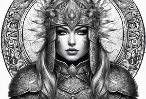 armour with a sun with hair tattoo idea
