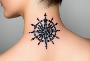 Traditional compass rose with no outline, antique bronze colors, for left side of female's neck tattoo idea