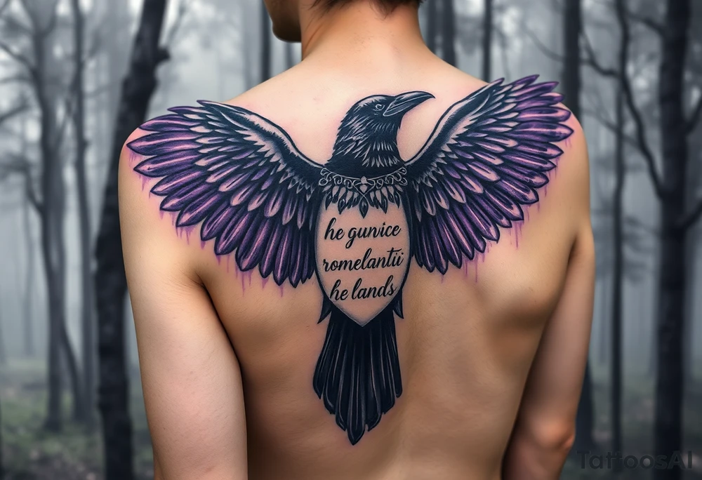 A arm sleeve for ladies with a raven with open wings up, in a misty forest, purple shade watercolours coming from the wings, ethereal and vivid, Celtic/Viking symbols or marks with cursive romantic words tattoo idea