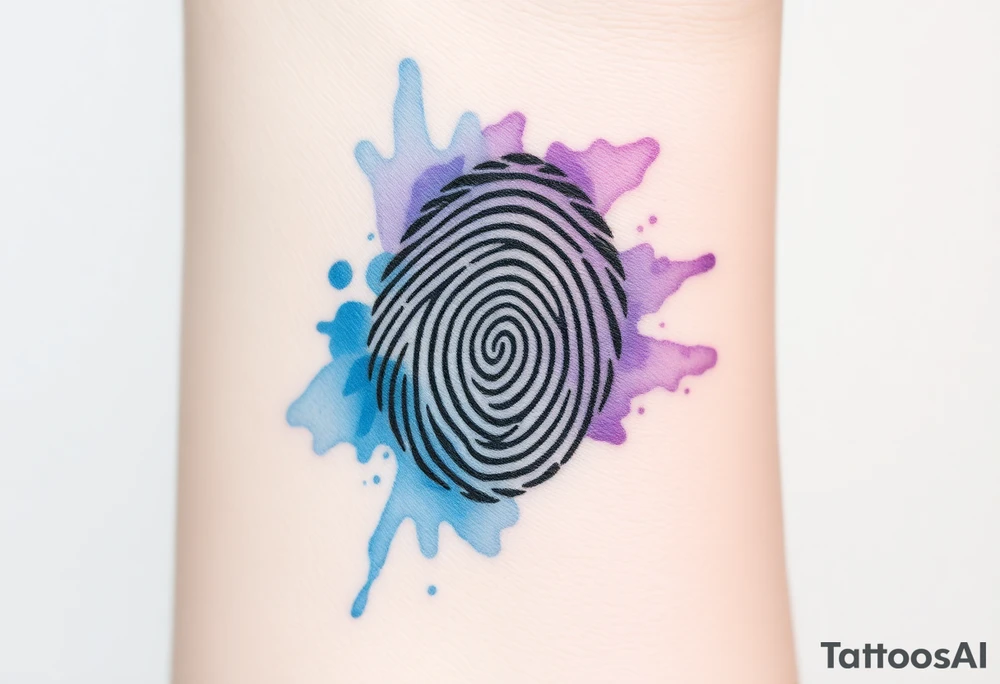 A fingerprint dissolving into soft watercolor splashes in blue and lavender, symbolizing fluidity and emotional depth tattoo idea