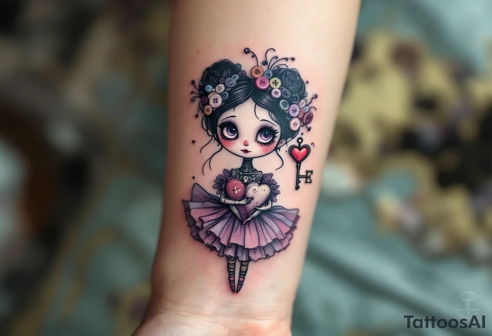 Tim Burton’s Button-Heart Girl – A stitched-up girl with a wind-up key in her back and a heart made of mismatched buttons, wearing a frilly dress in faded lilac and coal black. tattoo idea