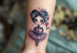 Tim Burton’s Button-Heart Girl – A stitched-up girl with a wind-up key in her back and a heart made of mismatched buttons, wearing a frilly dress in faded lilac and coal black. tattoo idea