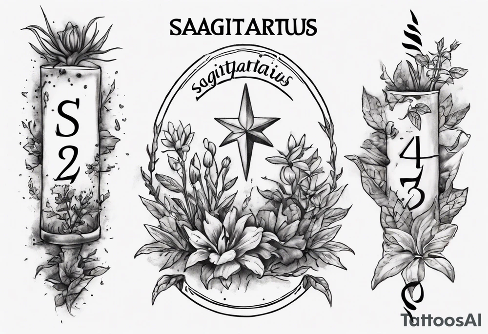 a forearm tattoo with little plants around the word sagittarius and underneath it the date 12.08.05 tattoo idea