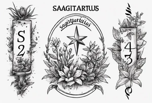 a forearm tattoo with little plants around the word sagittarius and underneath it the date 12.08.05 tattoo idea