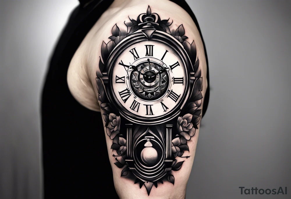 Draw me a tattoo located on the shoulder and upper arm of a man. The tattoo represents a clock in an hourglass with Roman numerals in the background. It is a symbol of the passing of time. tattoo idea