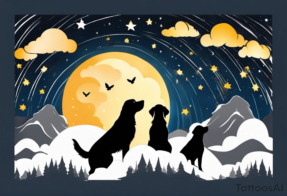 3 black silhouettes of dogs looking up at the night sky tattoo idea