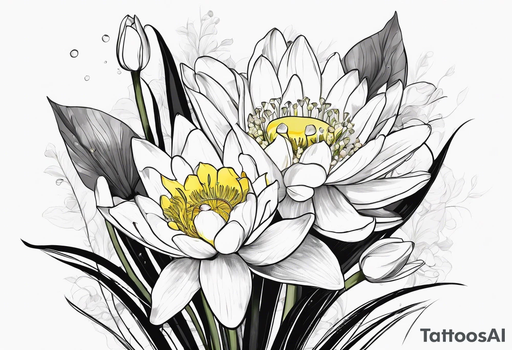 Water Lilly, Lilly of the valley and narcissus bouquet, minimalist. with stems tattoo idea