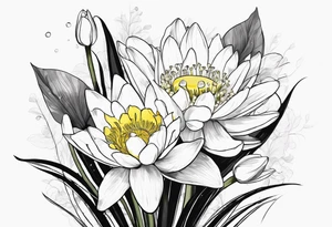 Water Lilly, Lilly of the valley and narcissus bouquet, minimalist. with stems tattoo idea